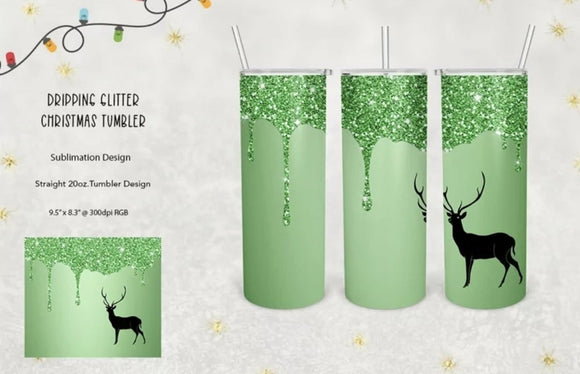 Green glitter drip with Deer